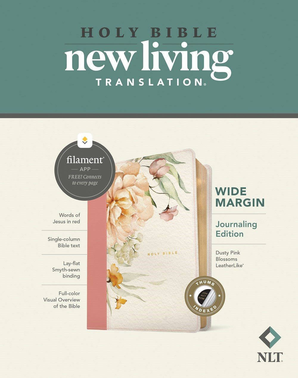 NLT Wide Margin Bible Filament-Enabled Edition-Dusty Pink Blossoms LeatherLike Indexed
