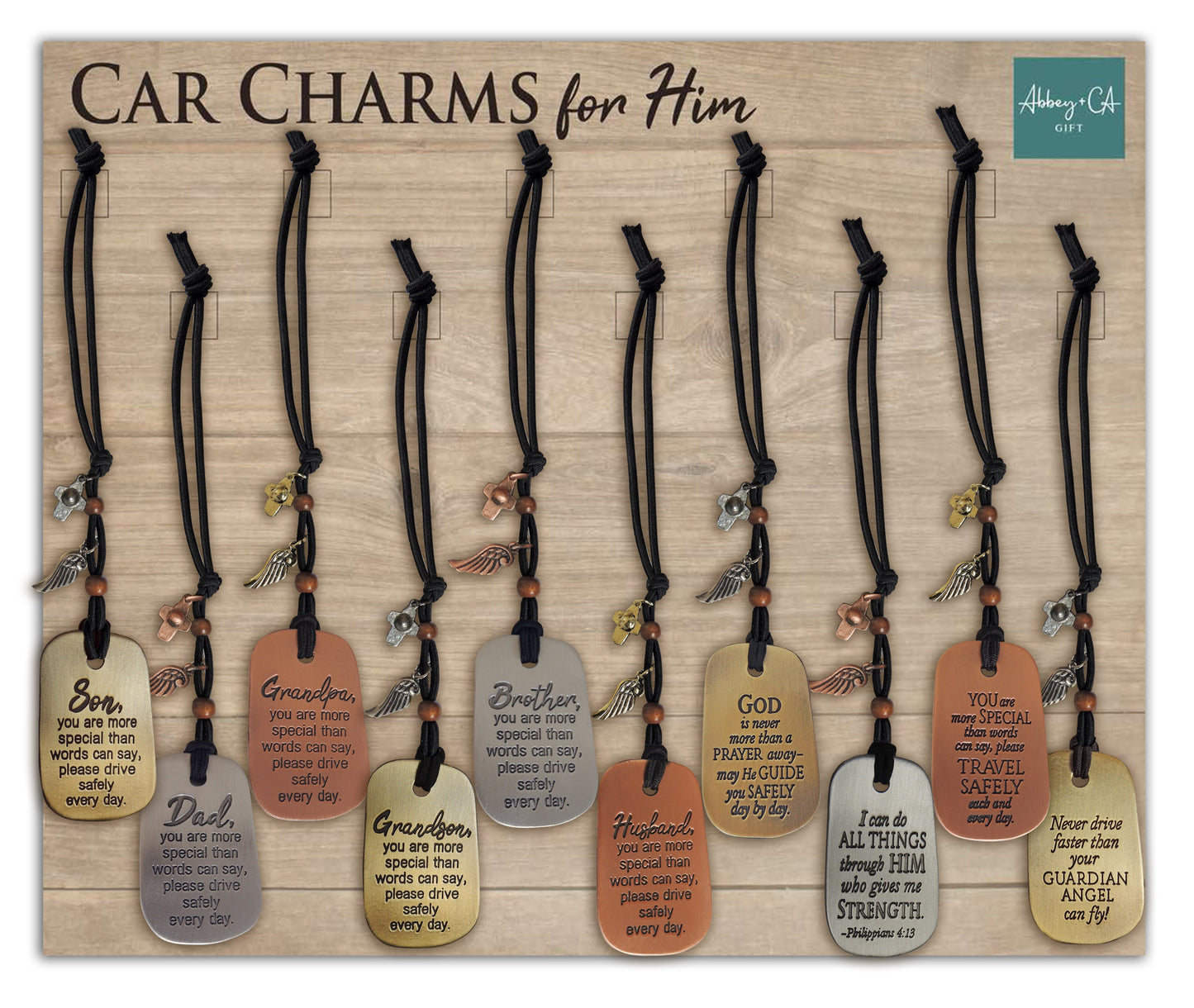 Car Charms Display-3 Each of 10 styles w/12"x 10" Display (31 Pieces)