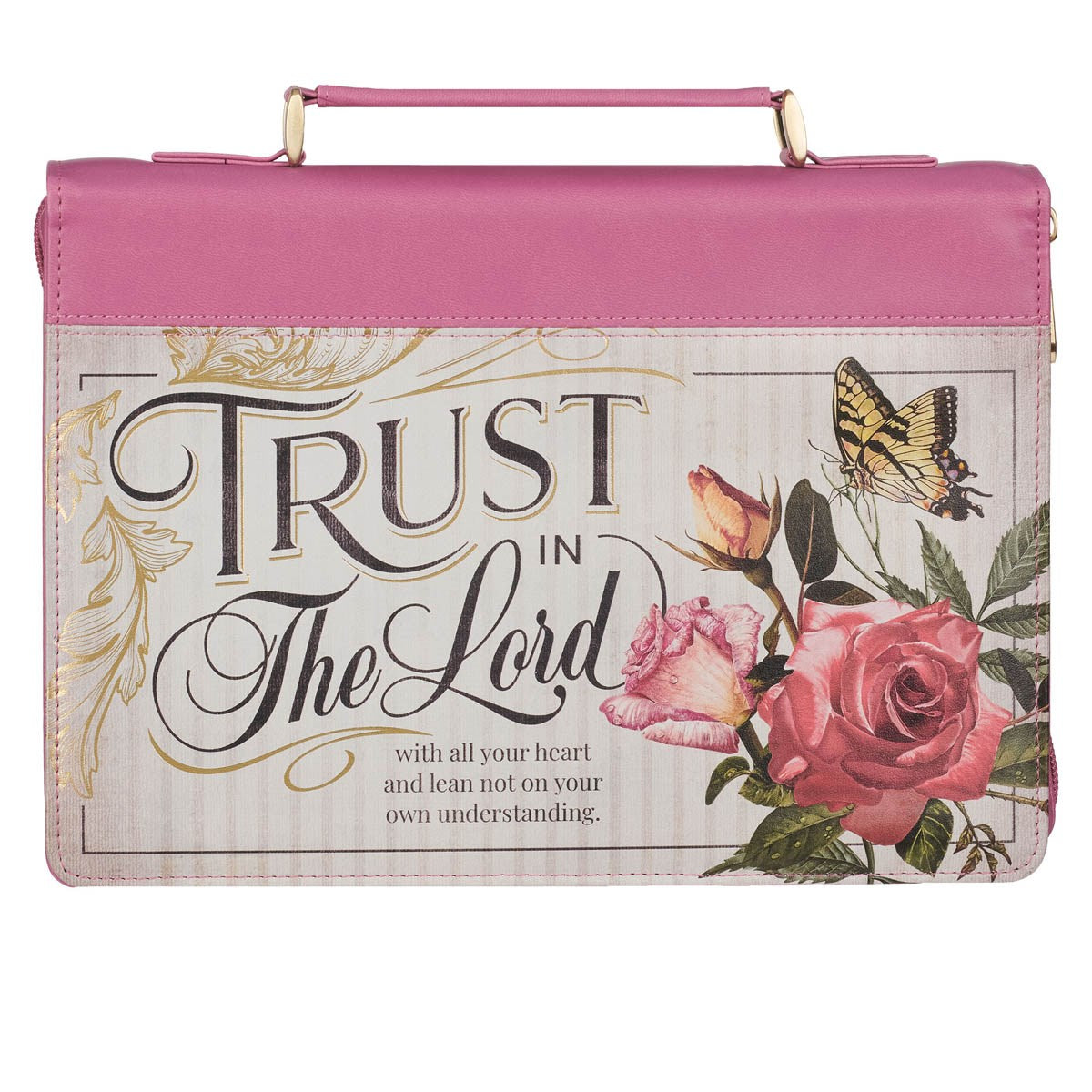 Bible Cover-Trust In The Lord (Proverbs 3:5)-Floral Begonia Pink Faux Leather Fashion-Medium