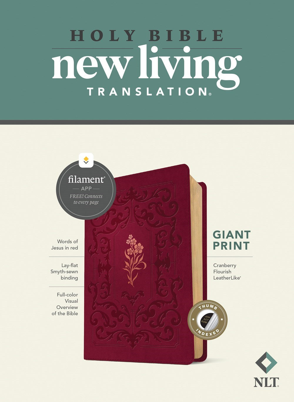 NLT Giant Print Bible Filament-Enabled Edition-Cranberry Flourish LeatherLike Indexed