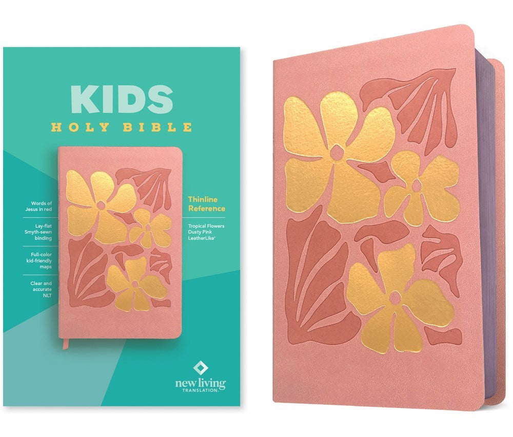 NLT Kids Holy Bible Thinline Reference Edition-Dusty Pink Tropical Flowers LeatherLike