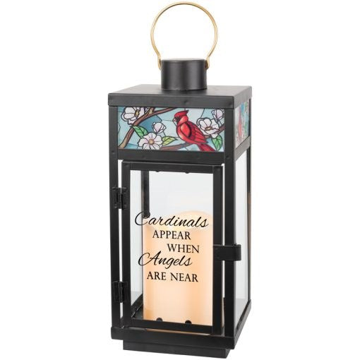 Lantern w/ Flameless LED Candle & Timer-Cardinals Appear (12" x 4 1/4" x 4 1/4")
