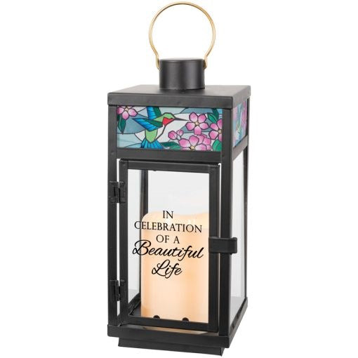 Lantern w/Flameless LED Candle & Timer-Stained Glass/In Celebration Of A Beautiful Life (4.25" x 12" x 4.25")