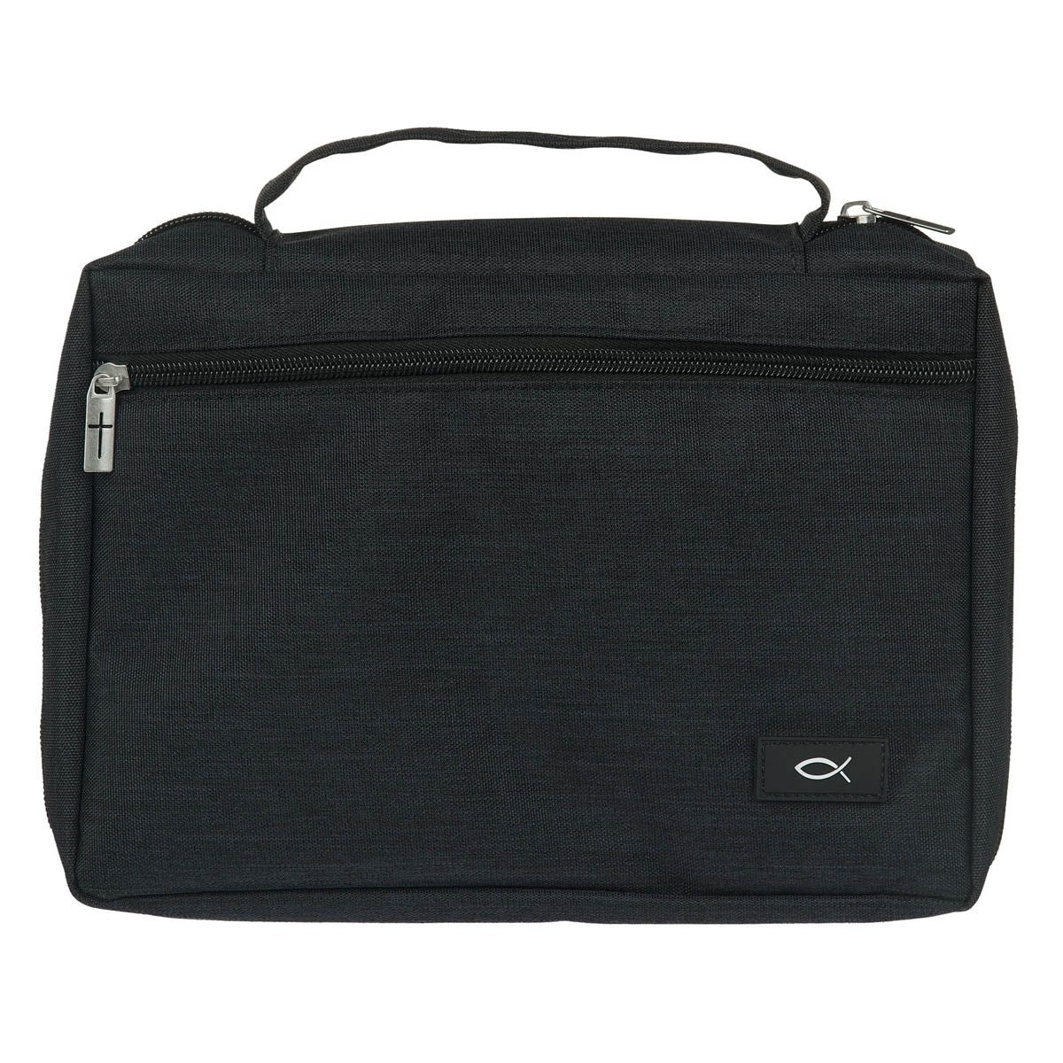 Bible Cover-Poly Canvas Value With Ichthus-Jet Black-Medium