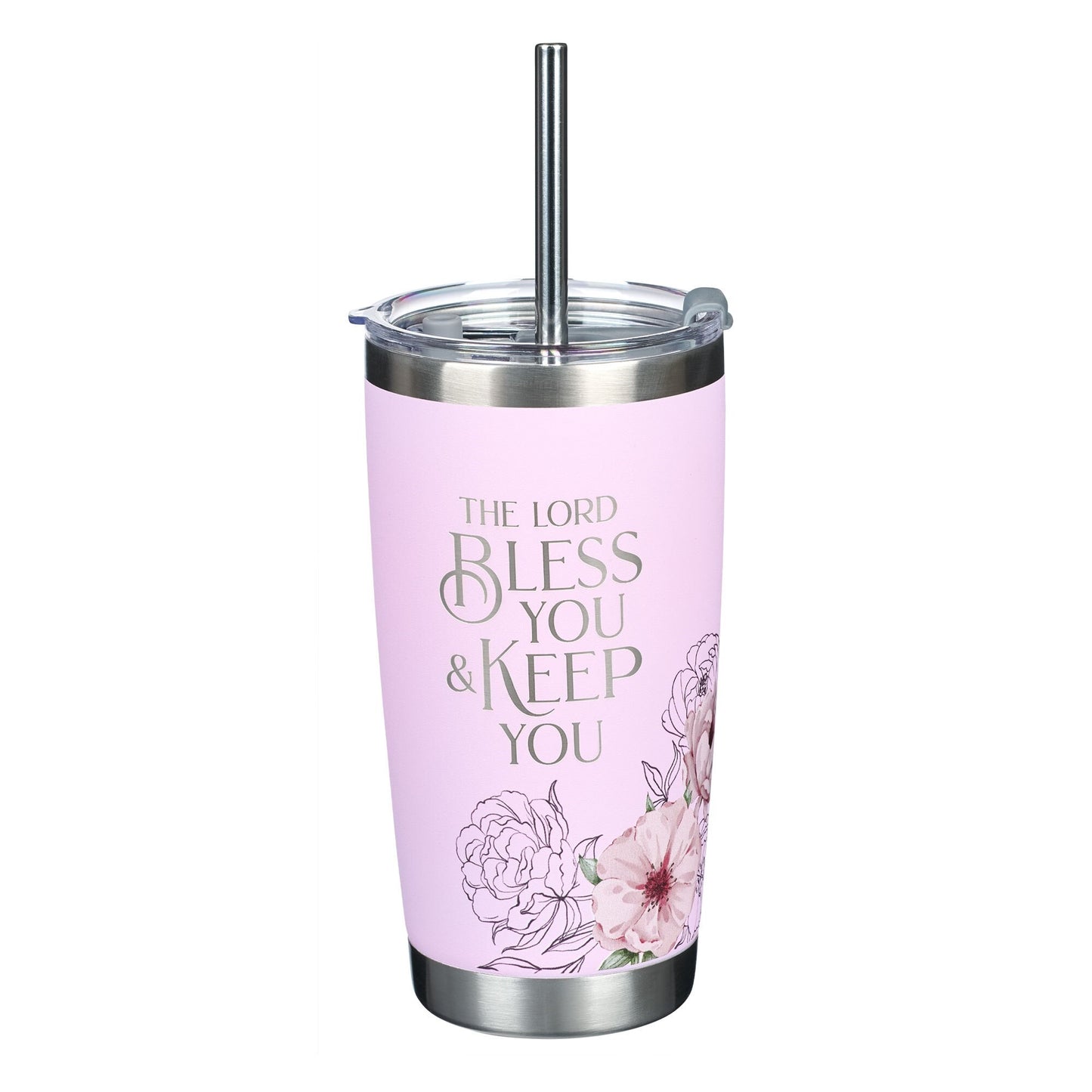 Stainless Steel Tumbler-Pink W/ Straw-Lord Bless & Keep You-Num. 26