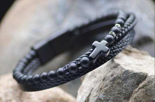 Bracelet-Eden Merry-Black Beaded Leather-Cross
