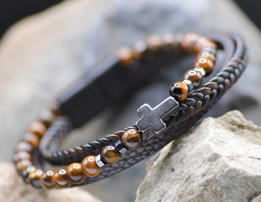 Bracelet-Eden Merry-Brown Beaded Leather-Cross
