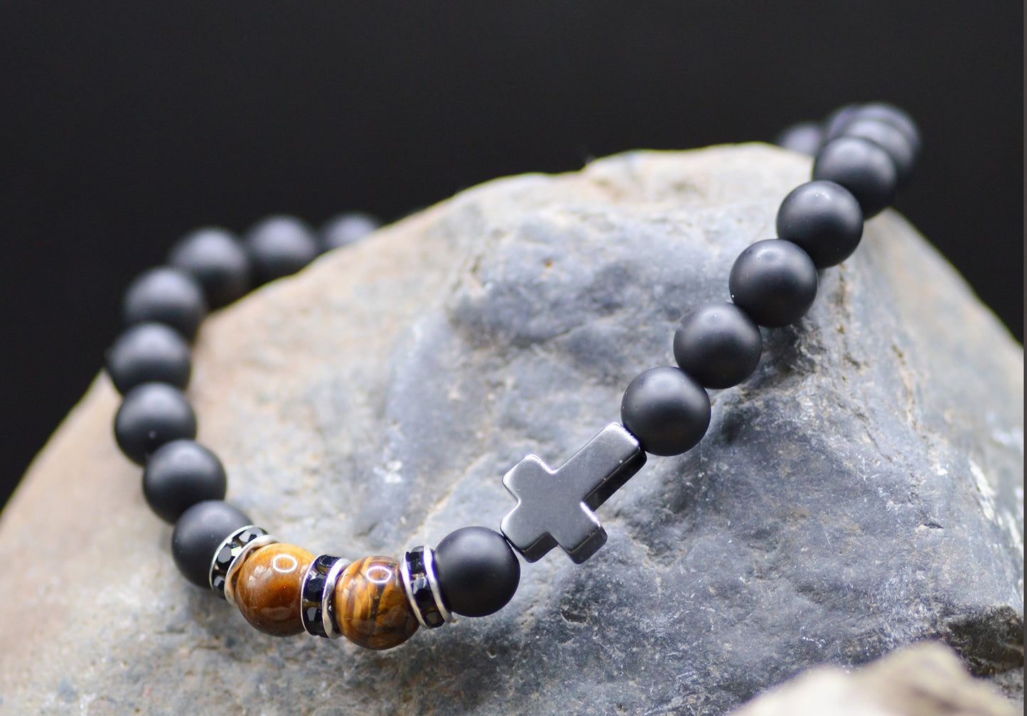 Bracelet-Eden Merry-Black Bead/Tiger Eye-Cross