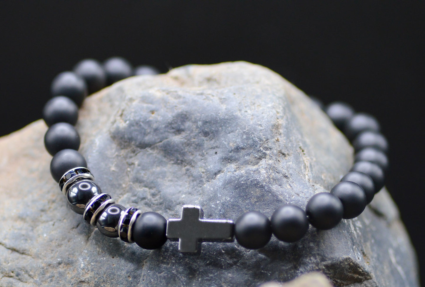 Bracelet-Eden Merry-Black Bead/Hematite-Cross