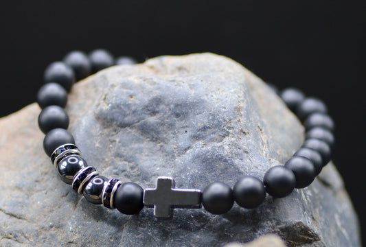 Bracelet-Eden Merry-Black Bead/Hematite-Cross