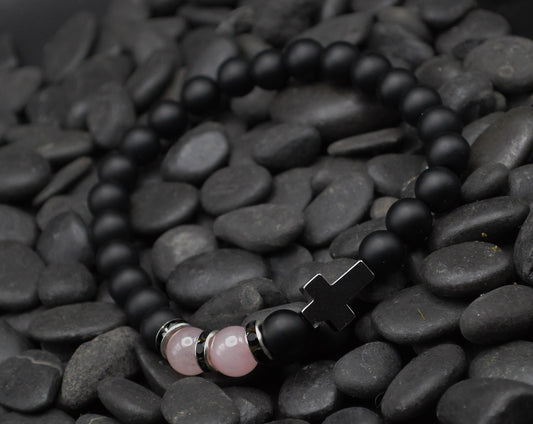 Bracelet-Eden Merry-Black Bead/Rose Quartz-Cross
