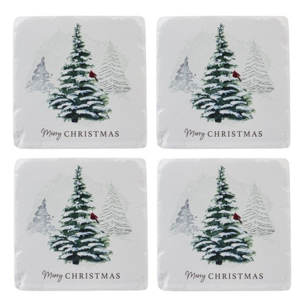 Coaster Set-Merry Christmas w/ Cardinal In Tree (Set Of 4)