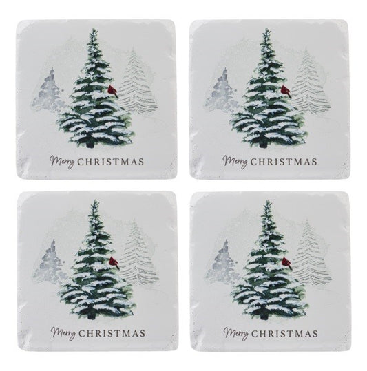 Coaster Set-Merry Christmas w/ Cardinal In Tree (Set Of 4)