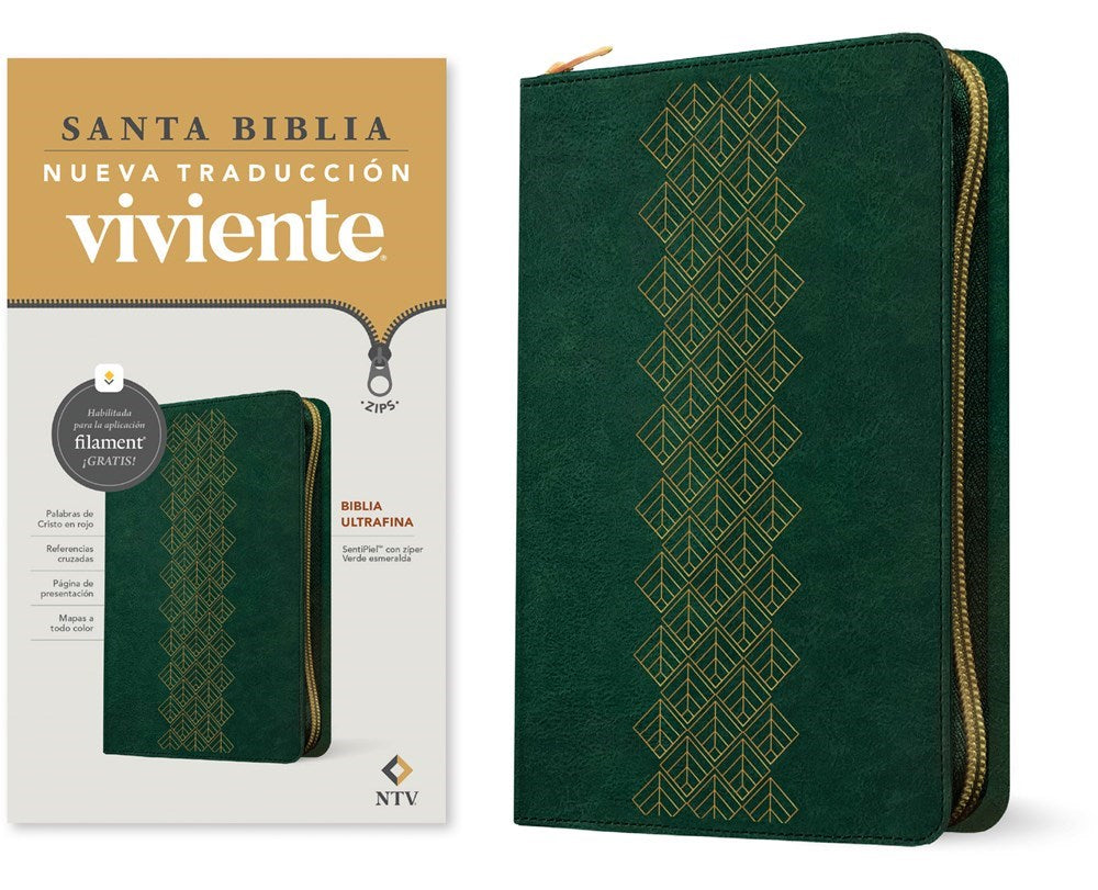 NTV Thinline Zipper Bible  Filament Enabled (Biblia ultrafina de ziper  con Filament)-Emerald Green LeatherLike