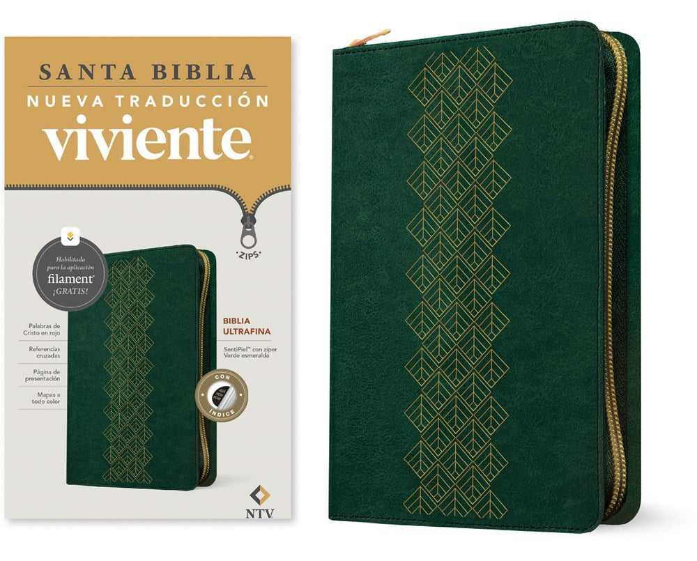 NTV Biblia Ultrafina de Ziper con Filament (NLT Thinline Zipper Bible  Filament Enabled)-Emerald Green LeatherLike Index