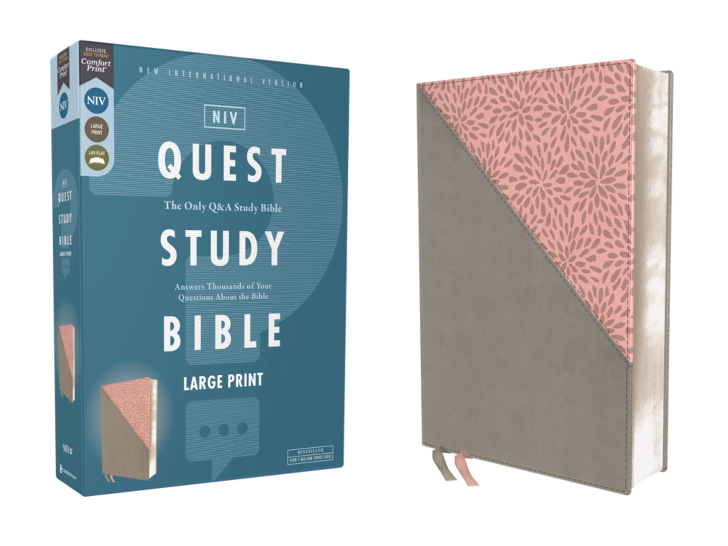 NIV Quest Study Bible/Large Print (Comfort Print)-Gray/Pink Leathersoft