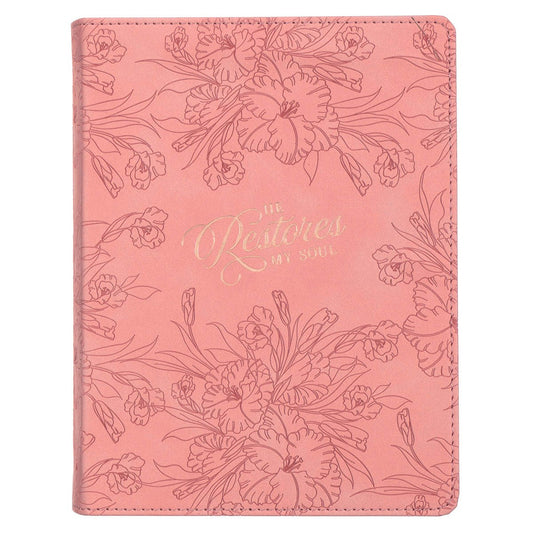 Journal Handy Faux Leather-Pink He Restores My Soul Ps. 23:3