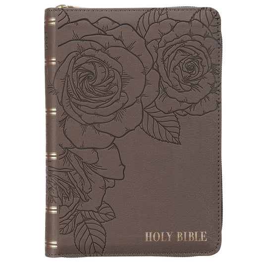 KJV Large Print Compact Bible-Gray Faux Leather W/Zipper
