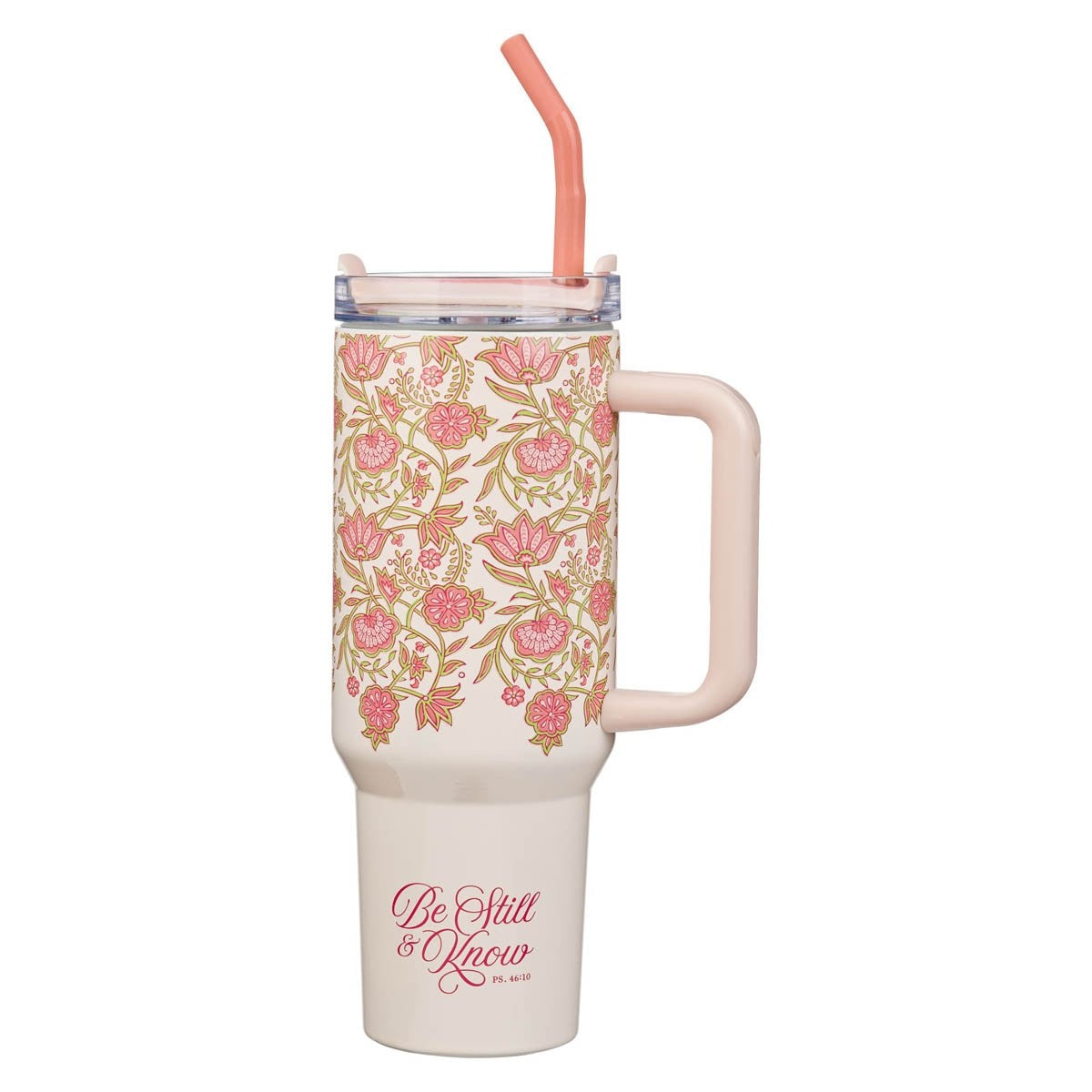 Stainless Steel Tumbler-Pink W/ Straw-Be Still Ps. 46:10