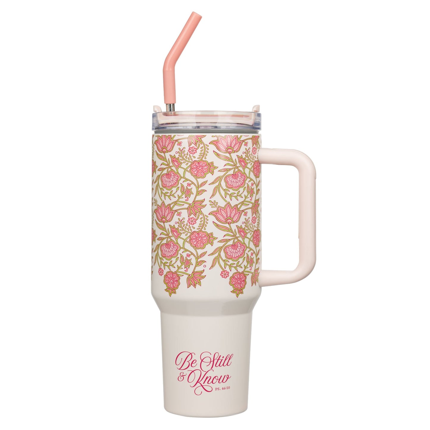 Stainless Steel Tumbler-Pink W/ Straw-Be Still Ps. 46:10
