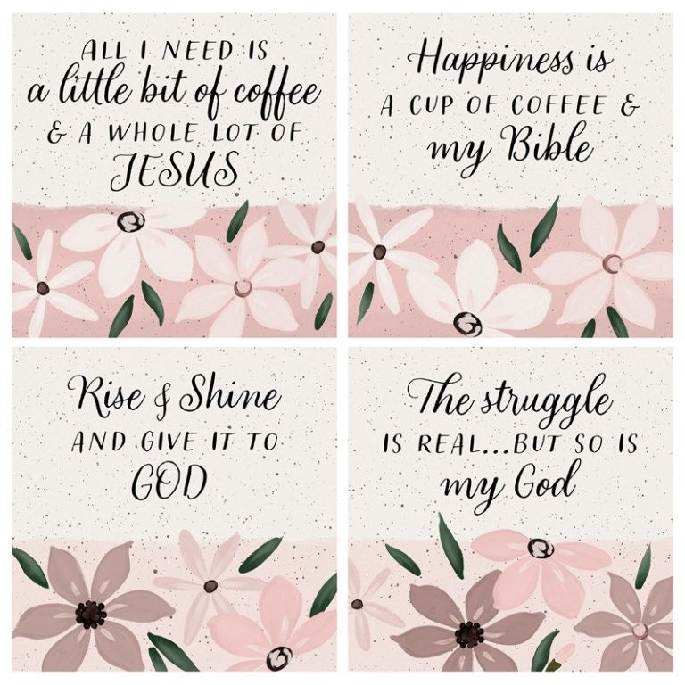 Square House Coasters-Religious Pink Floral (Set Of 4) (4")