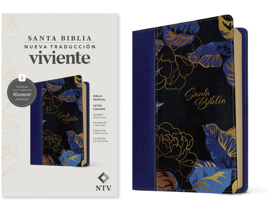 NTV Biblia Manual Letra Grande con Filament (NLT Handy Size Large Print  Filament-Enabled)-Dark Blue LeatherLike