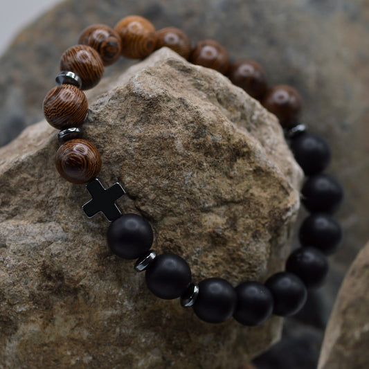 Bracelet-Eden Merry-Beaded-Cross-Wood/Black Onyx