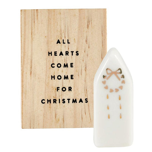 Ceramic House Figurine In Wood Box/All Hearts Come Home... (2"W x 2.75"H-Box)