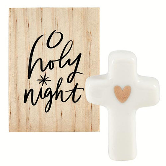 Ceramic Cross Figurine In Wood Box/O Holy Night (2"W x 2.75"H-Box)