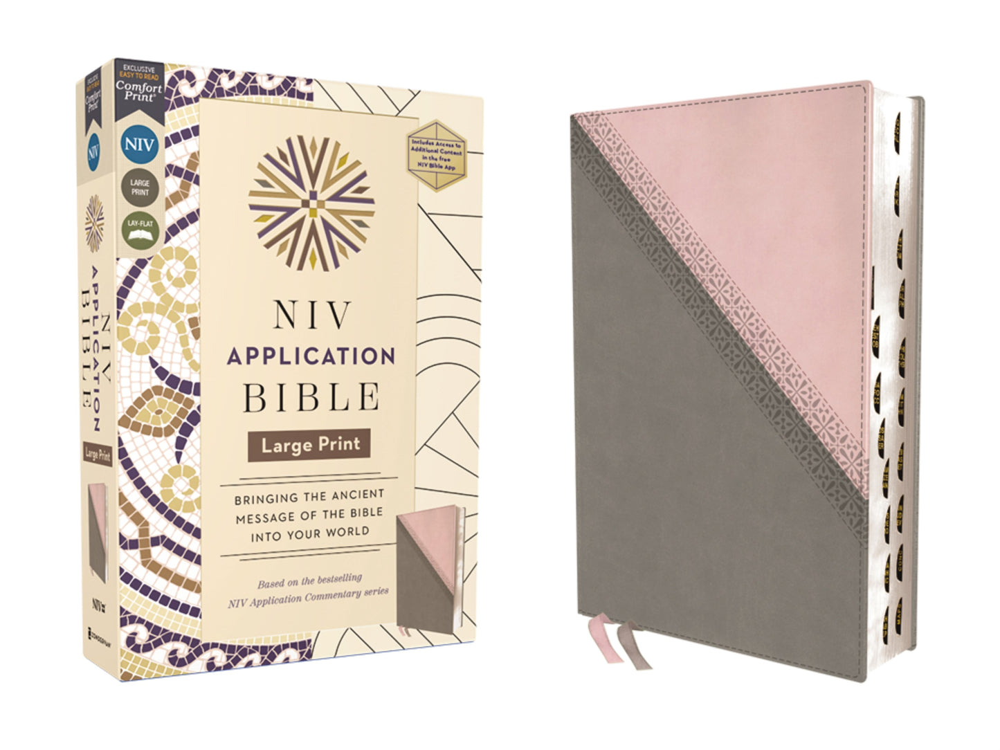 NIV Application Large Print Bible (Comfort Print)-Pink/Gray Leathersoft Indexed