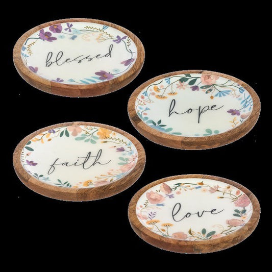 Serving Tray-Round Faith  Blssed  Love  Hope (Set Of 4)