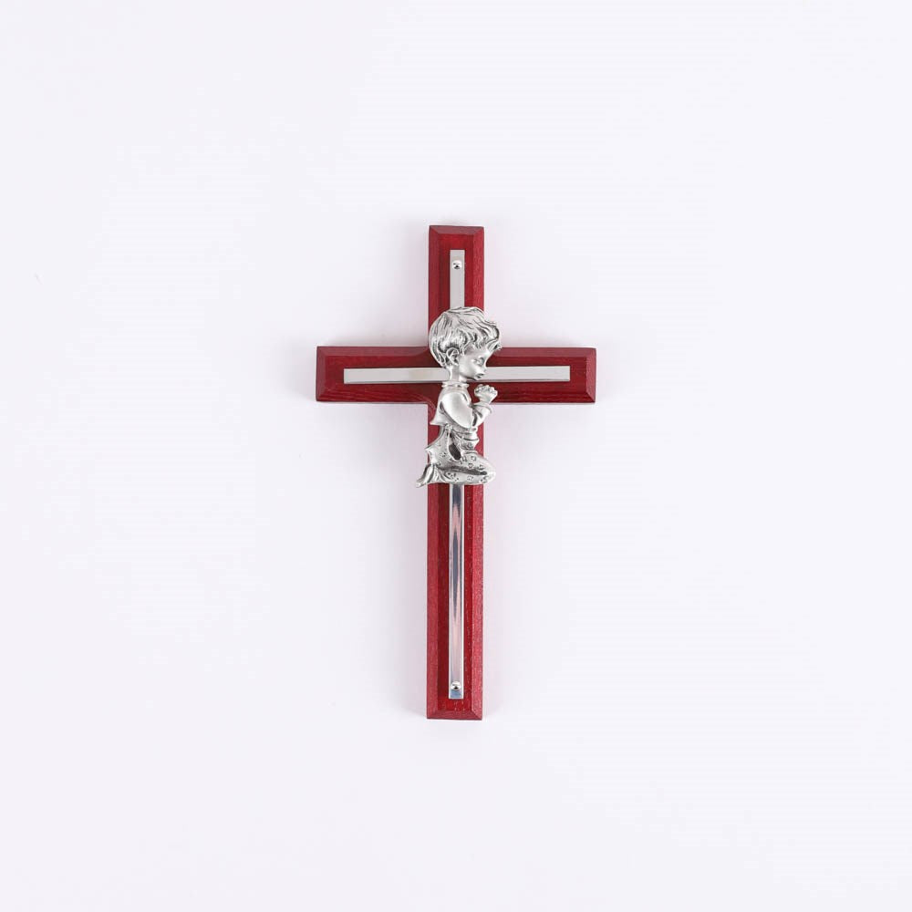 Wall Cross-Praying Boy-Cherry & Stainless (6.65"L)