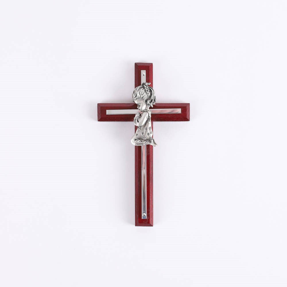 Wall Cross-Praying Girl-Cherry & Stainless (6.65"L)