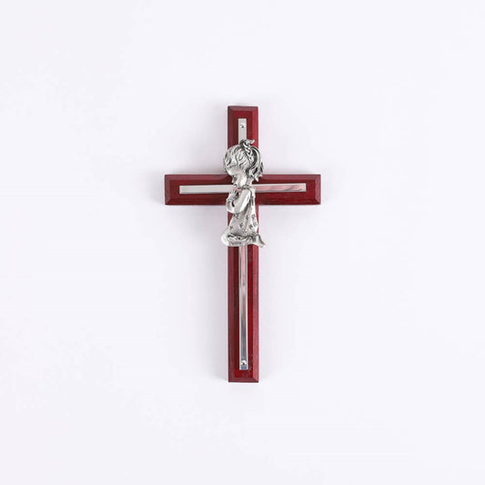 Wall Cross-Praying Girl-Cherry & Stainless (6.65"L)