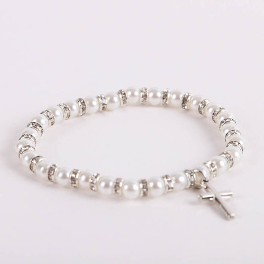Bracelet-Pearls & Crystals With Cross Charm-Elastic (5")