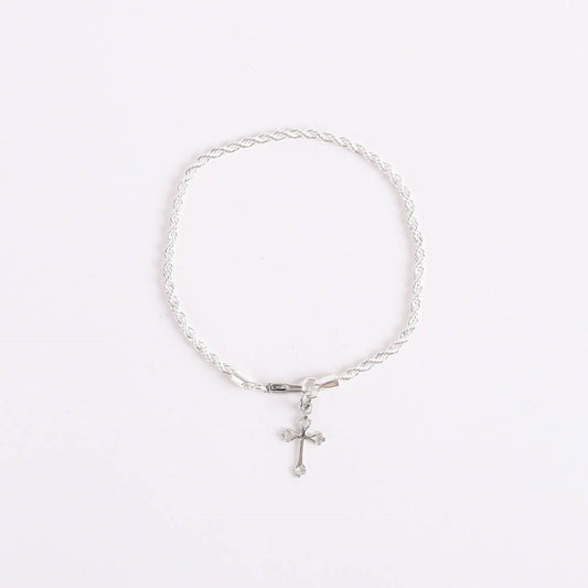 Bracelet-Twisted Rope With Cross Charm-Rhodium (7.25")