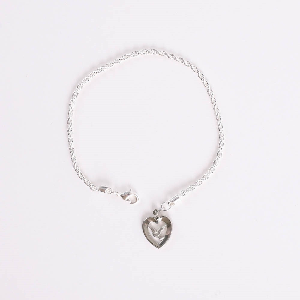 Bracelet-Twisted Rope With Heart/Dove Charm-Rhodium (7.25")