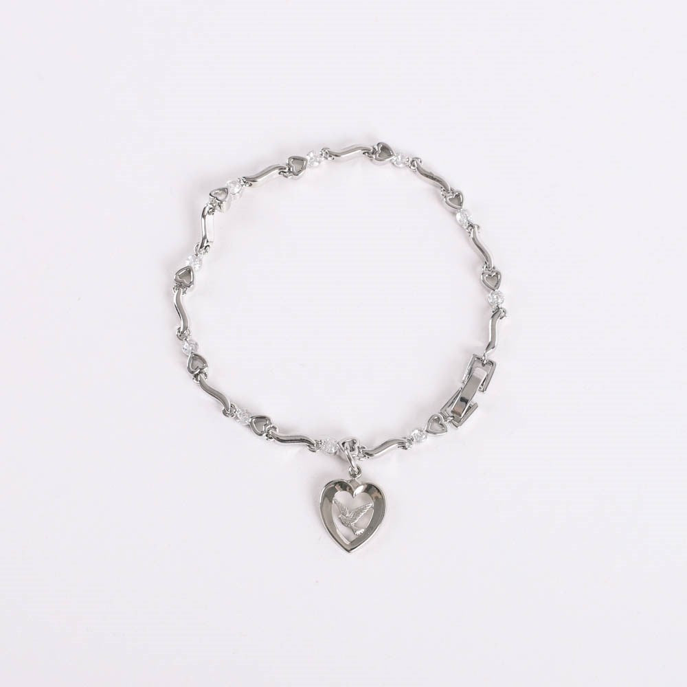 Bracelet-Cubic Zirconia & Heart/Dove Charm-Rhodium (7.25")