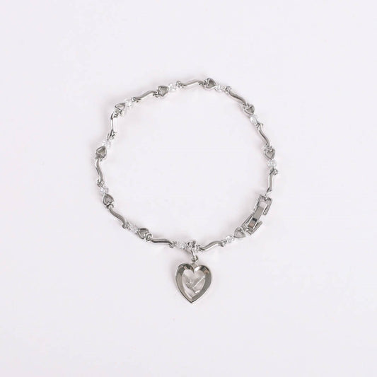 Bracelet-Cubic Zirconia & Heart/Dove Charm-Rhodium (7.25")