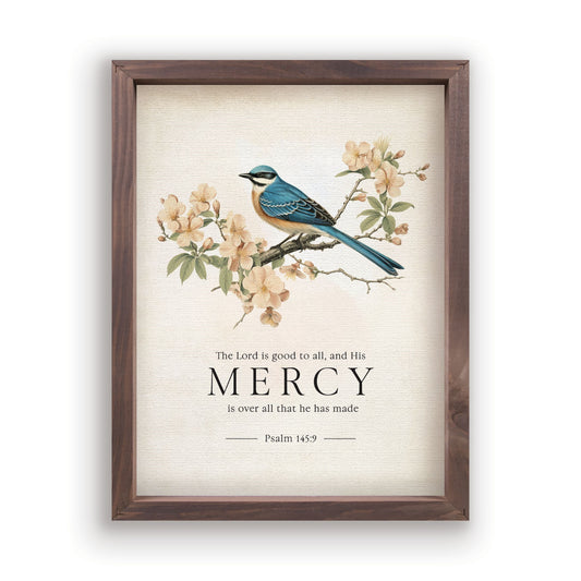 Framed Linen-Bird/Mercy-Psalm 145:9 (12 3/4 x 16 3/4)