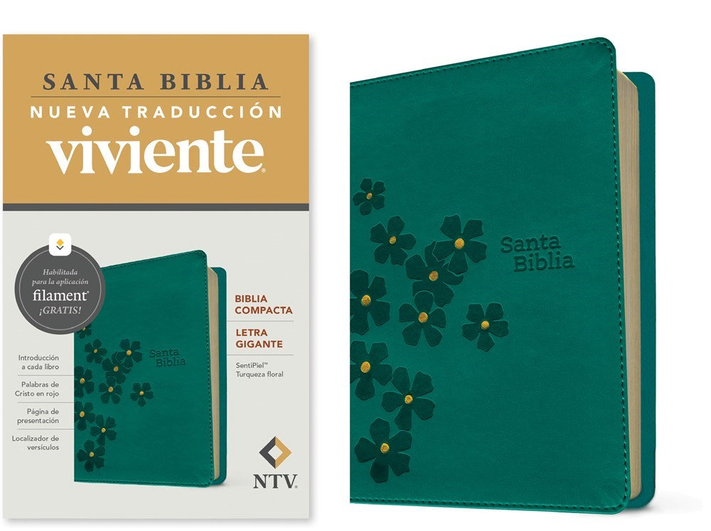 NTV Biblia Compacta Letra Gigante de Ziper con Filament (Compact Giant Print Zipper w/Filament)-Teal Floral LeatherLike