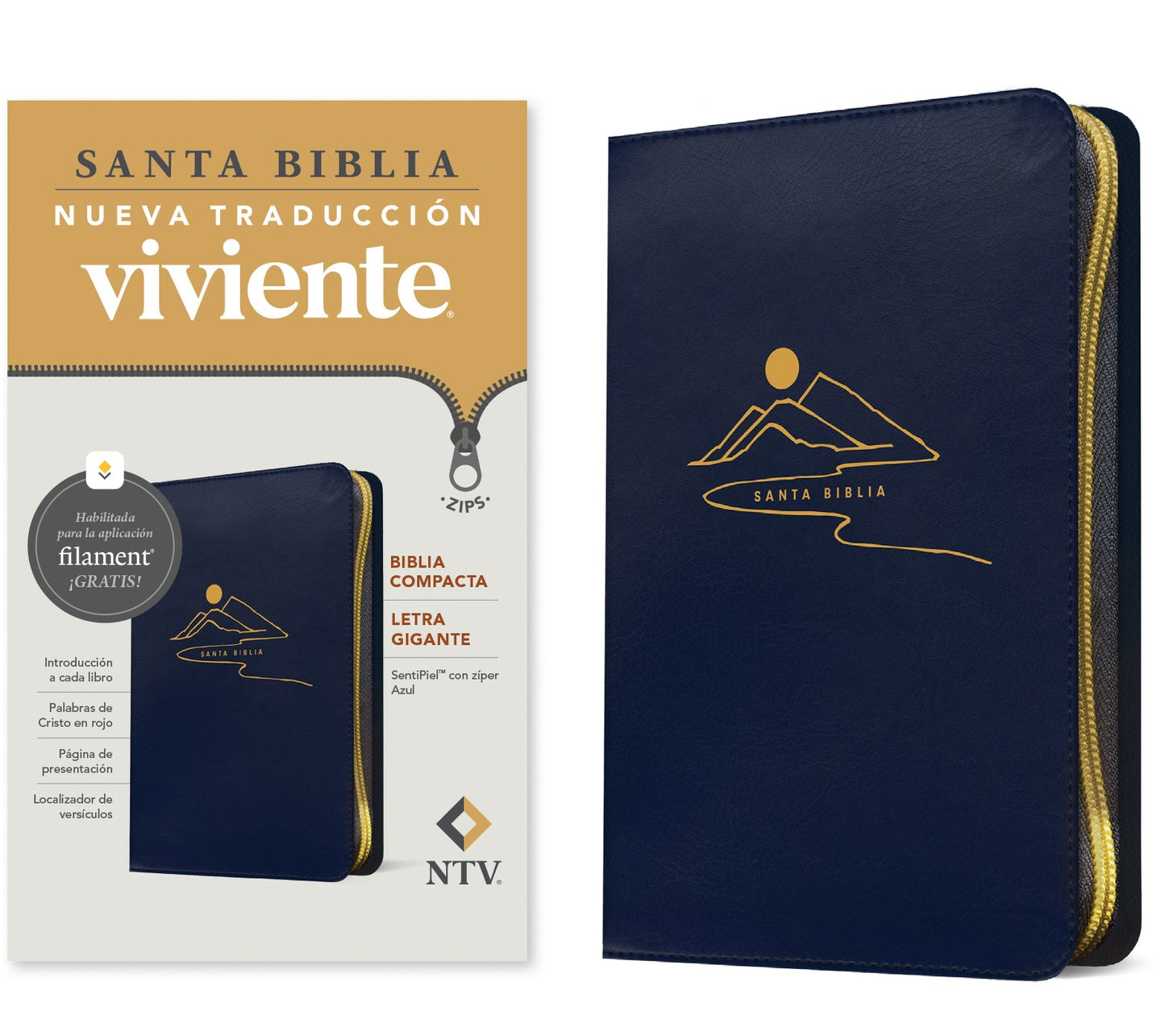NTV Biblia Compacta Letra Gigante de Ziper con Filament (Compact Giant Print Zipper w/Filament)-Dark Blue LeatherLike