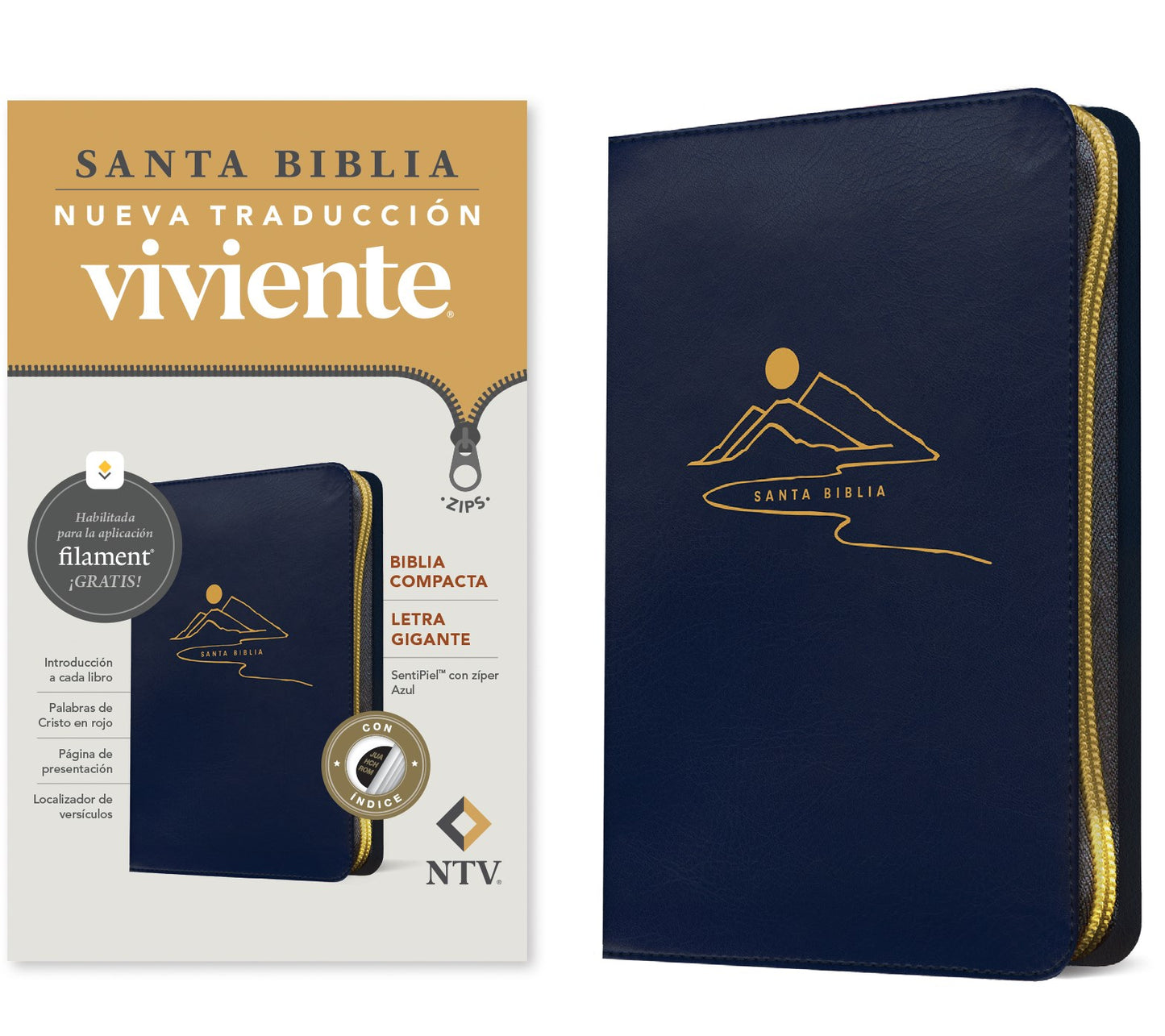 NTV Biblia Compacta Letra Gigante de Ziper con Filament (Compact Giant Print Zipper w/Filament)-Dark Blue LLike Indexed