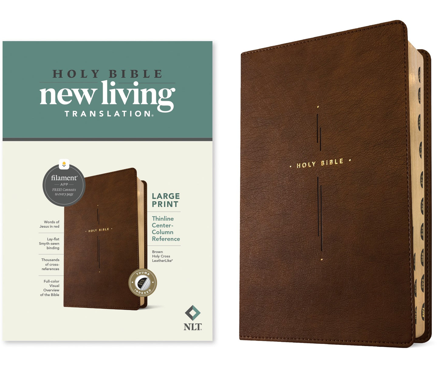 NLT Large Print Thinline Center-Column Reference Bible  Filament Enabled-Brown Holy Cross LeatherLike Indexed