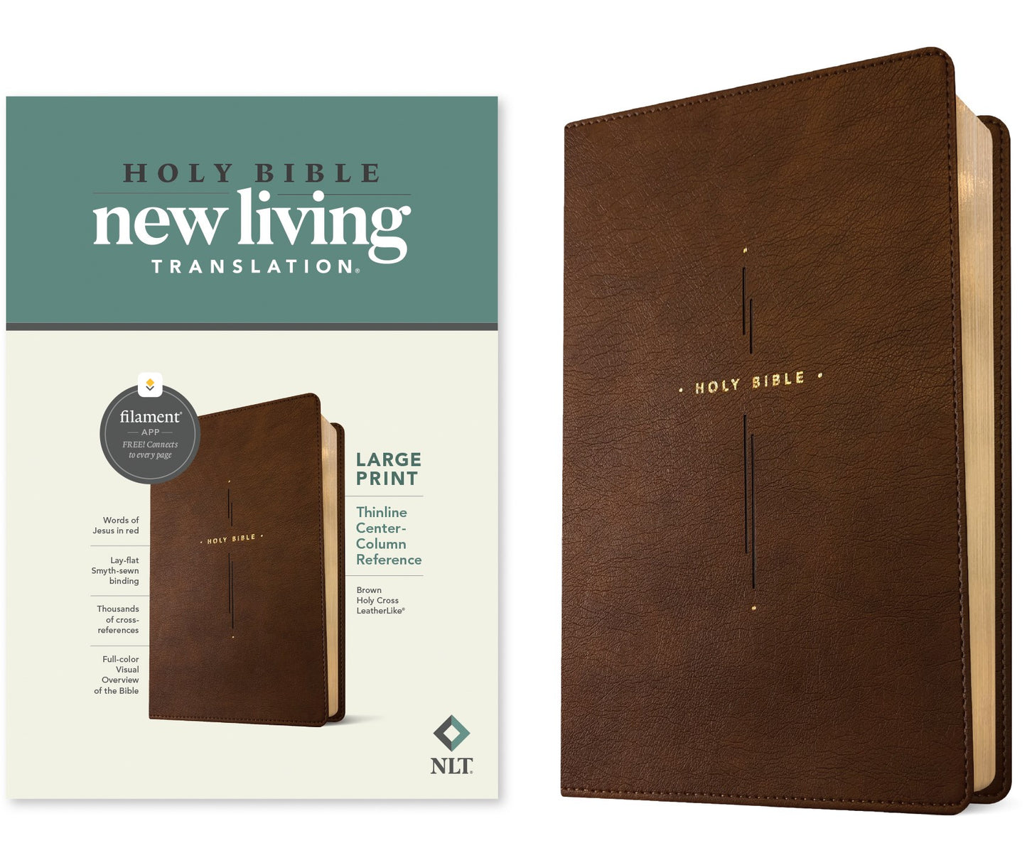 NLT Large Print Thinline Center-Column Reference Bible  Filament Enabled-Brown Holy Cross LeatherLike