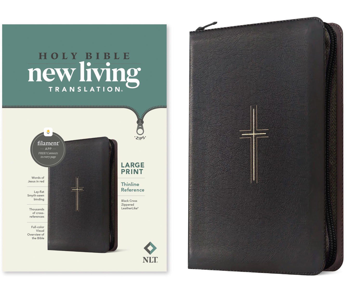 NLT Large Print Thinline Reference Zipper Bible  Filament Enabled-Black Cross LeatherLike