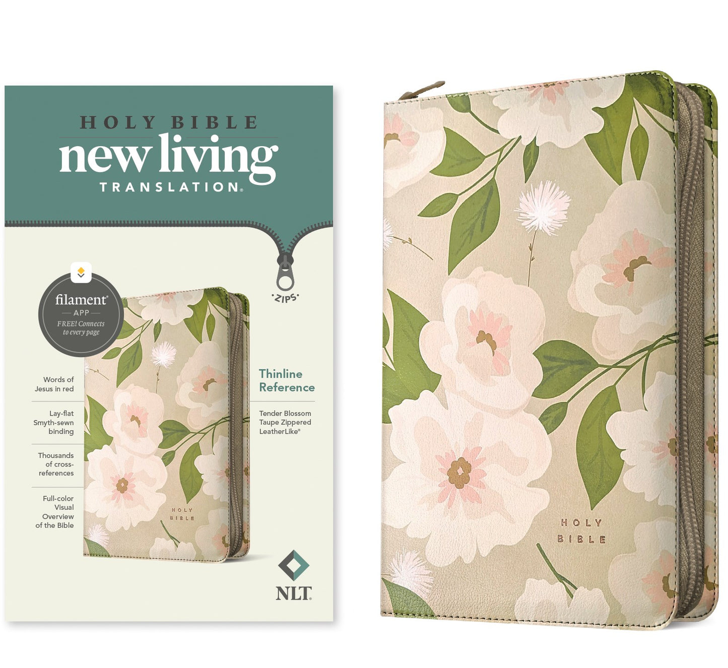 NLT Thinline Reference Zipper Bible  Filament Enabled-Taupe Tender Blossom LeatherLike