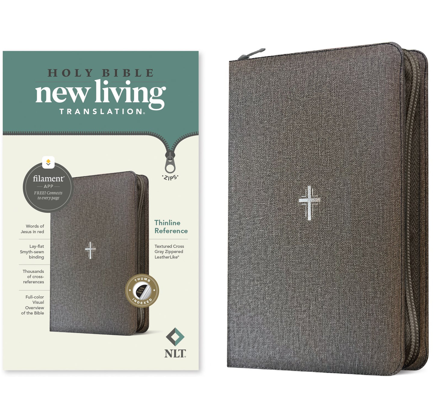 NLT Thinline Reference Zipper Bible  Filament Enabled-Gray Textured Cross LeatherLike Indexed