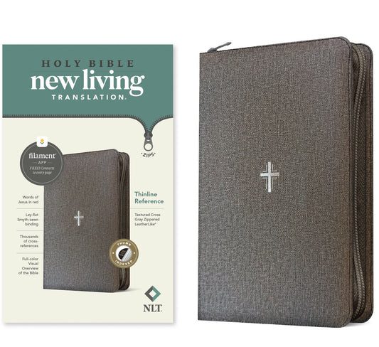 NLT Thinline Reference Zipper Bible  Filament Enabled-Gray Textured Cross LeatherLike Indexed