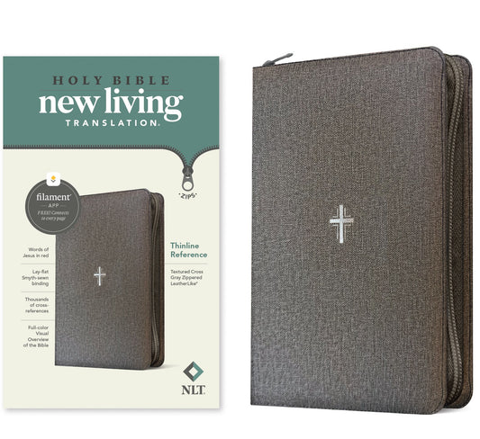 NLT Thinline Reference Zipper Bible  Filament Enabled-Gray Textured Cross LeatherLike